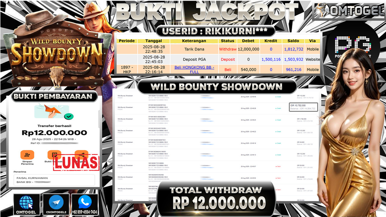OMTOGEL JACKPOT PGSOFT WILD BOUNTY SHOWDOWN 12 JUTA DI BAYAR LUNAS ,-