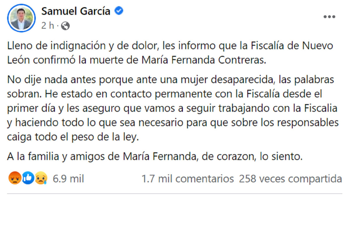 Samuel García confirma la muerte de María Fernanda Contreras y envía el pésame