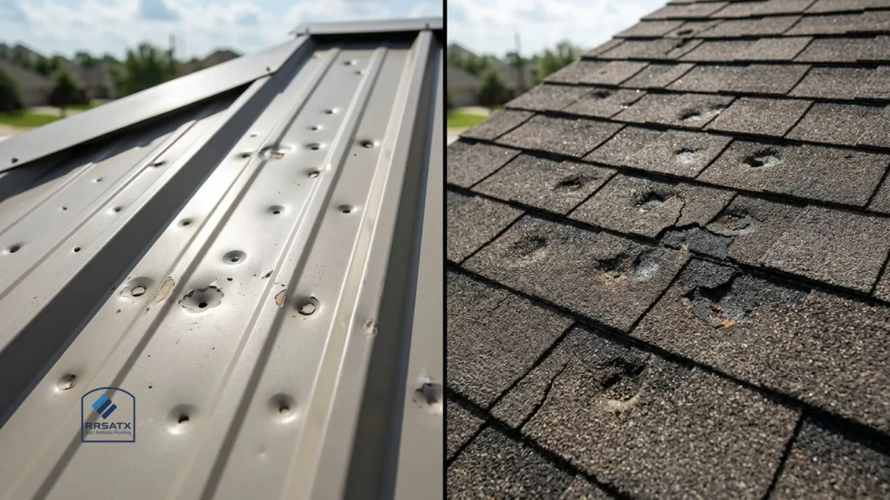 Hail damage comparison on metal roof panel versus asphalt shingles after a San Antonio storm
