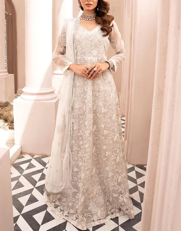 Elegant Heavy Embroidered White Chiffon Suit | Chiffon Dupatta & Crepe/Malai Trouser