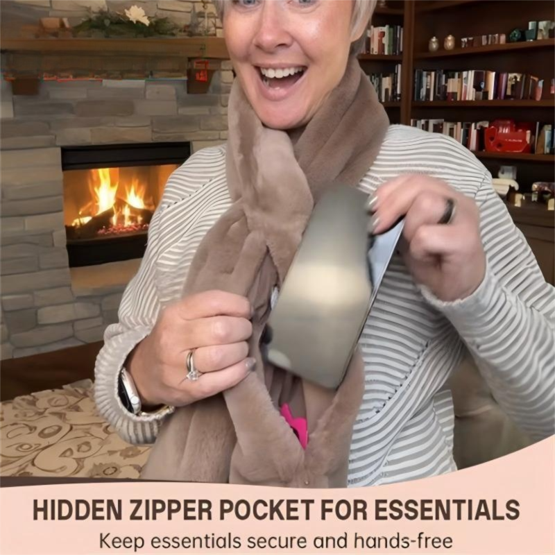 Grey Soft Faux Fur Scarf with 15x20CM Hidden Zipper Pocket - Anti-Theft Travel Scarf for Phone, Passport and Essentials