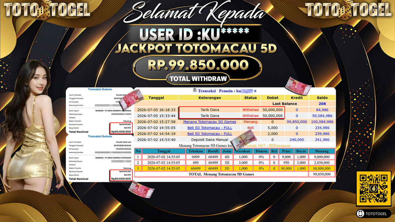 Bukti Pembayaran Jackpot Permainan Togel Totomacau 5D ID:KU*****LUNAS