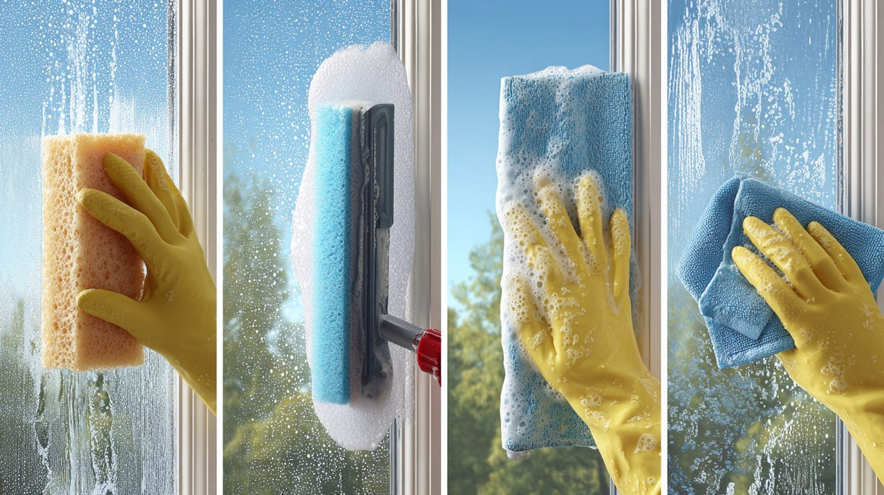Пошаговый процесс мытья окон с использованием скребка и губок