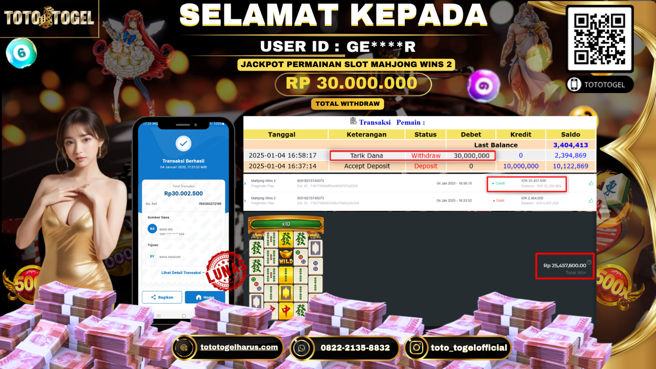 Bukti Pembayaran Jackpot  Permainan Slot Mahjong Wins 2 : GE****R LUNAS