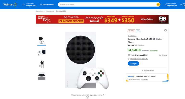 Walmart Súper: Xbox series s 1 control extra y 4 pilas recargables duracell con cargador por 4758 con TDC 
