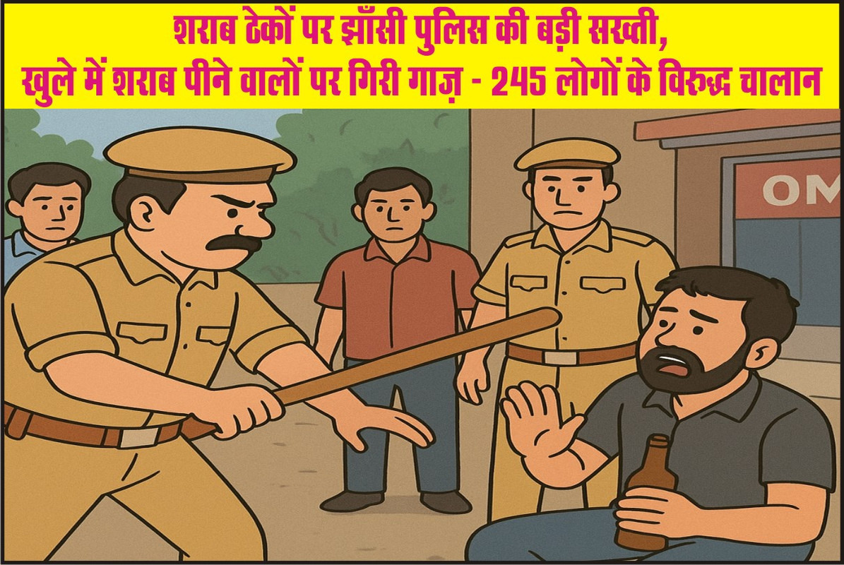 शराब ठेकों पर झाँसी पुलिस की बड़ी सख्ती, खुले में शराब पीने वालों पर गिरी गाज़ – 245 लोगों के विरुद्ध चालान