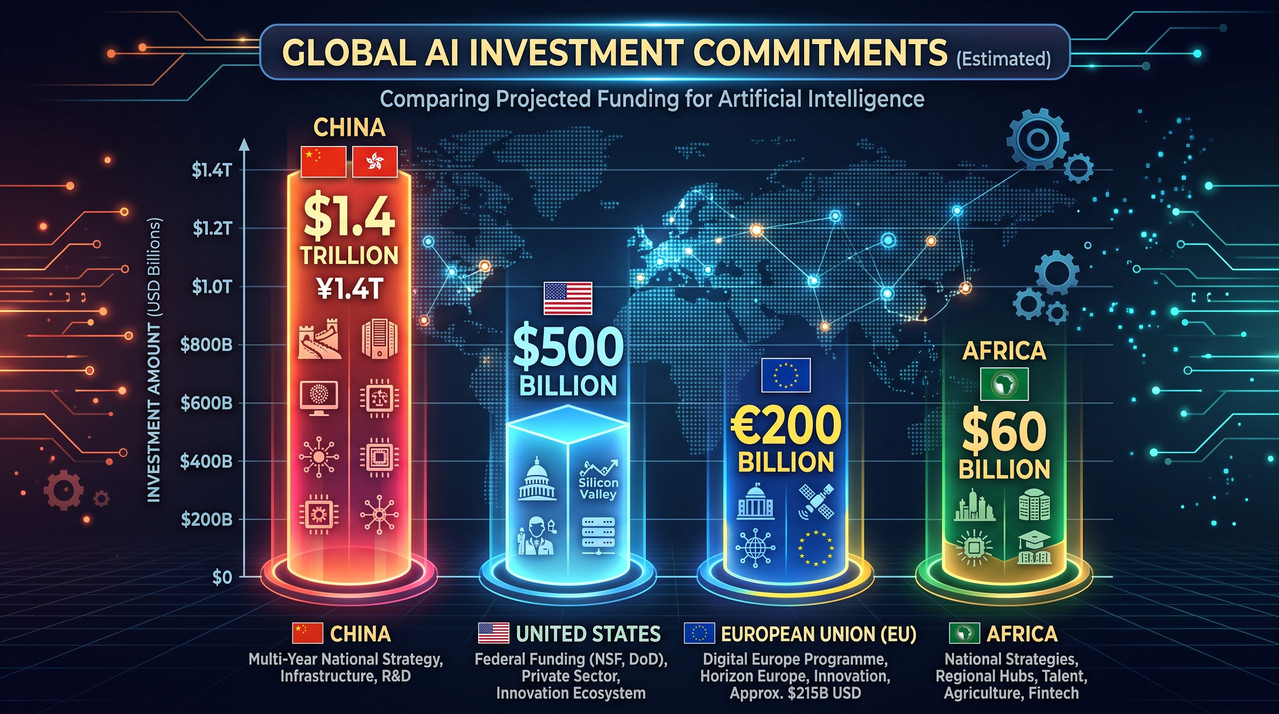 A comparison chart showing AI investment commitments: China, US, EU, and Africa