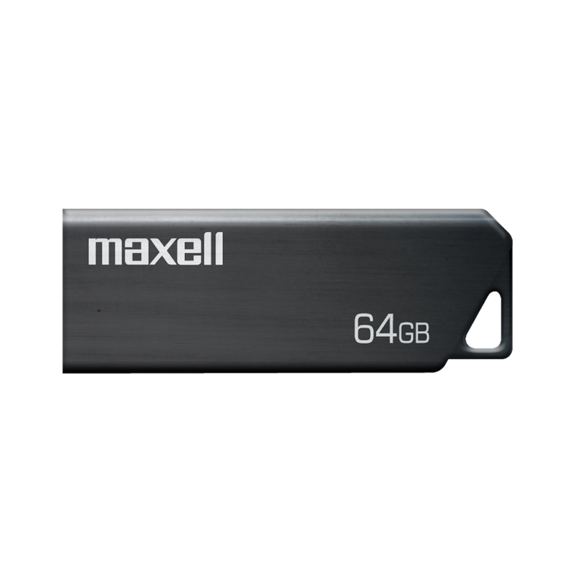 Memoria USB de 64GB de Maxell con carcasa metálica plateada y diseño sin tapa.