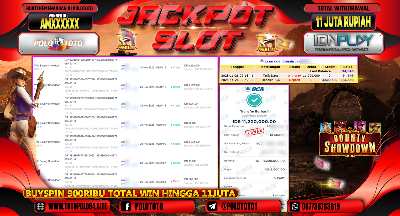 POLOTOTO JACKPOT SLOT WILD BOUNTHY SHOWDOWN Rp.11.000.000,- LUNAS