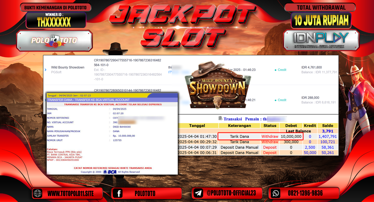 POLOTOTO JACKPOT SLOT WILD BOUNTY SHOWDOWN Rp.10.000.000,- LUNAS