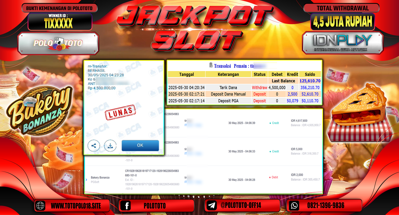 POLOTOTO JACKPOT SLOT BAKERY BONANZA Rp.4.500.000,-