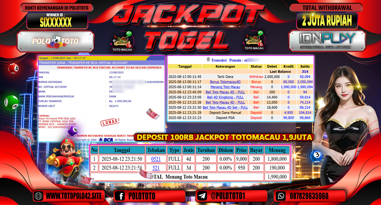 POLOTOTO JACKPOT TOGEL TOTO MACAU Rp.2.000.000,-LUNAS