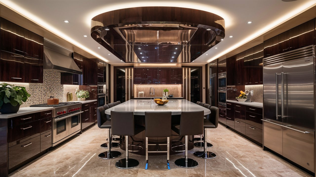 U-Shaped Contemporary Kitchen Design with LED Lights and Quartz Countertops