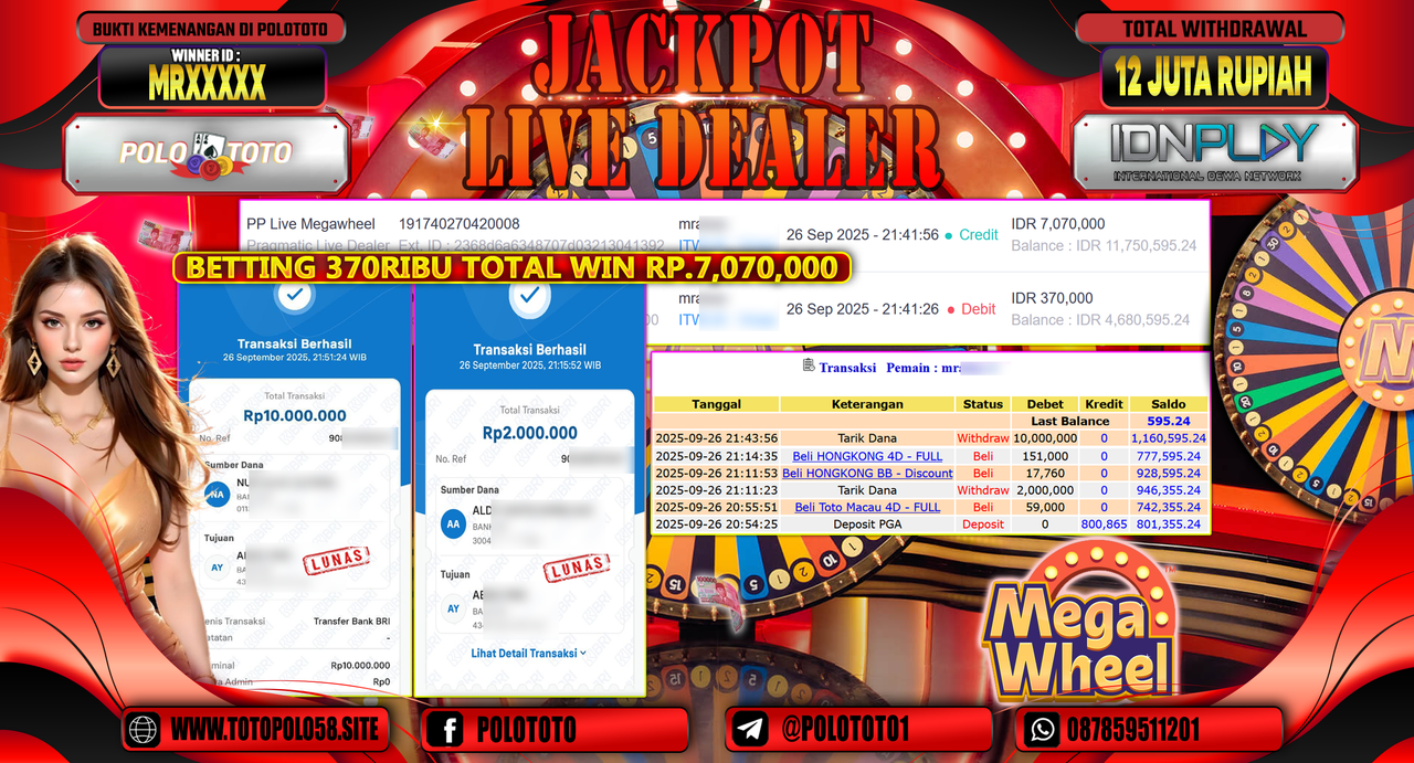POLOTOTO JACKPOT LIVE DEALER PP LIVE MEGAWHEEL Rp.12.000.000,- LUNAS