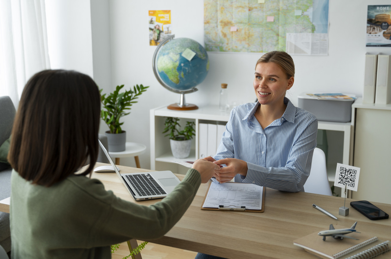 medium shot woman working as travel agent