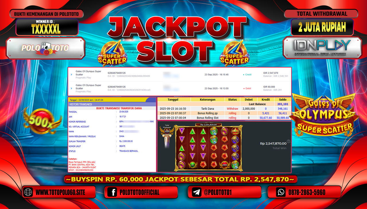 POLOTOTO JACKPOT SLOT GATES OF OLYMPUS SUPER SCATTER Rp.2.000.000,- LUNAS