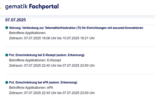 Störungen auf gematik Statusseite vom 7.7.2025