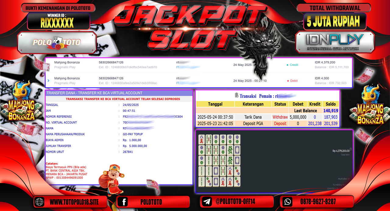 POLOTOTO JACKPOT SLOT MAHJONG BONANZA Rp.5.000.000,-