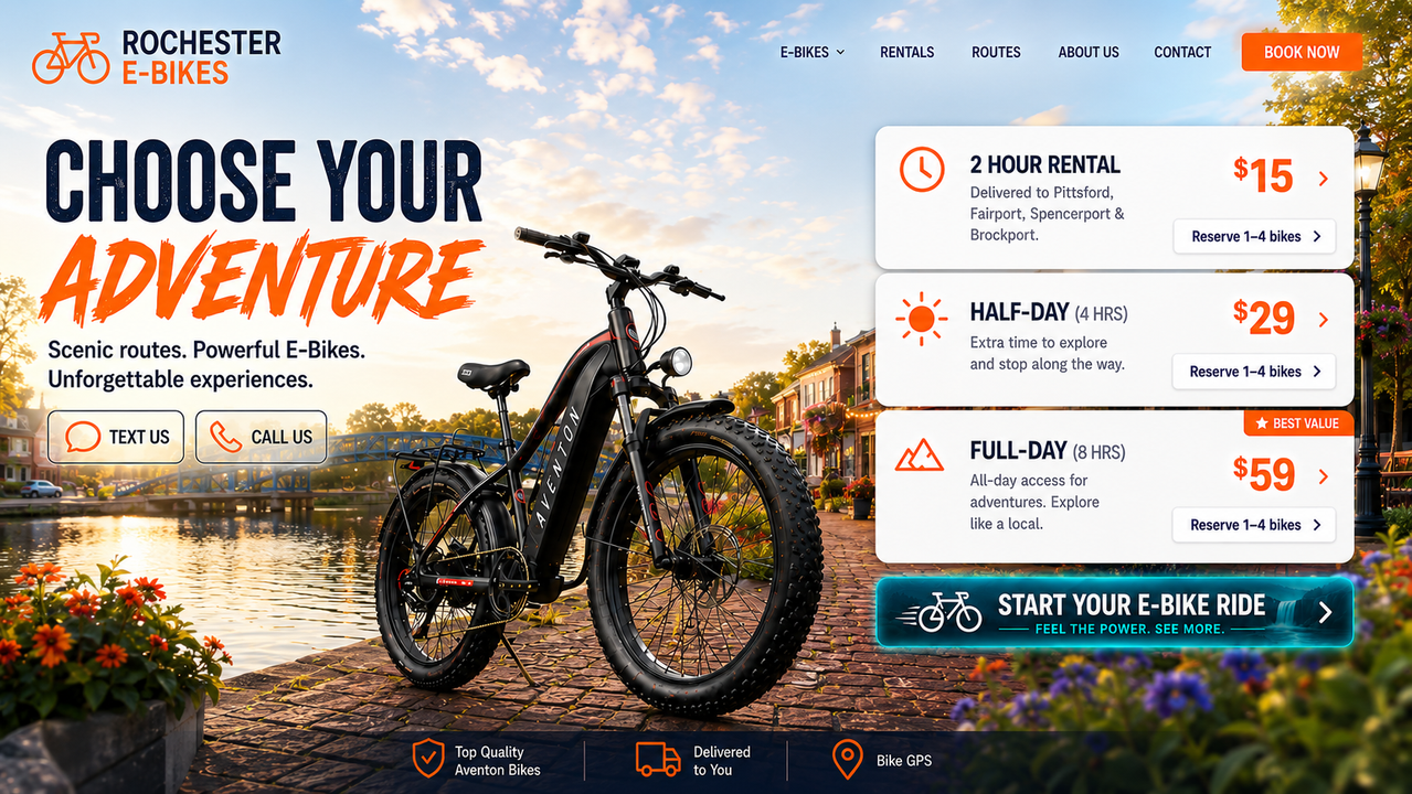 Rochester E-Bikes rentals with scenic routes, pricing, text, call, and booking options