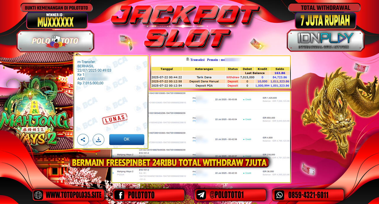 POLOTOTO JACKPOT SLOT MAHJONG WAYS 2 Rp.7.000.000,- LUNAS