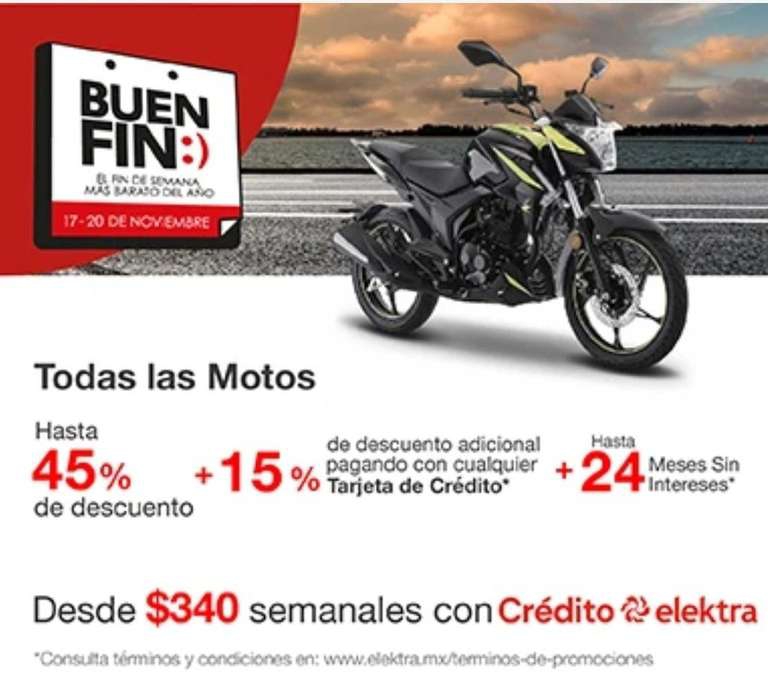 Elektra: Hasta 45% de descuento en todas las motos + 15% adicional pagando con TDC y hasta 24 MSI 
