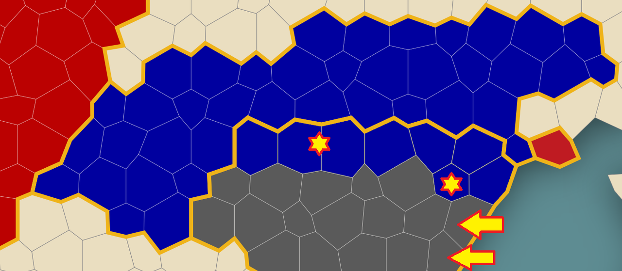 Carte de l'offensive elsvenwaldienne en Rimaurie les étoiles représentent les batailles et les flèches les bombardements.