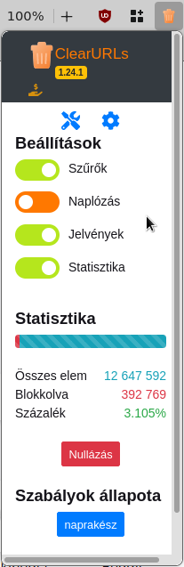 A beállítások megnyitása a fogaskerék elemre kattintással, az URL tisztító helyi lap (nem kell használnod) megnyitása a csavarhúzó/villáskulcs elemre kattintással történik.