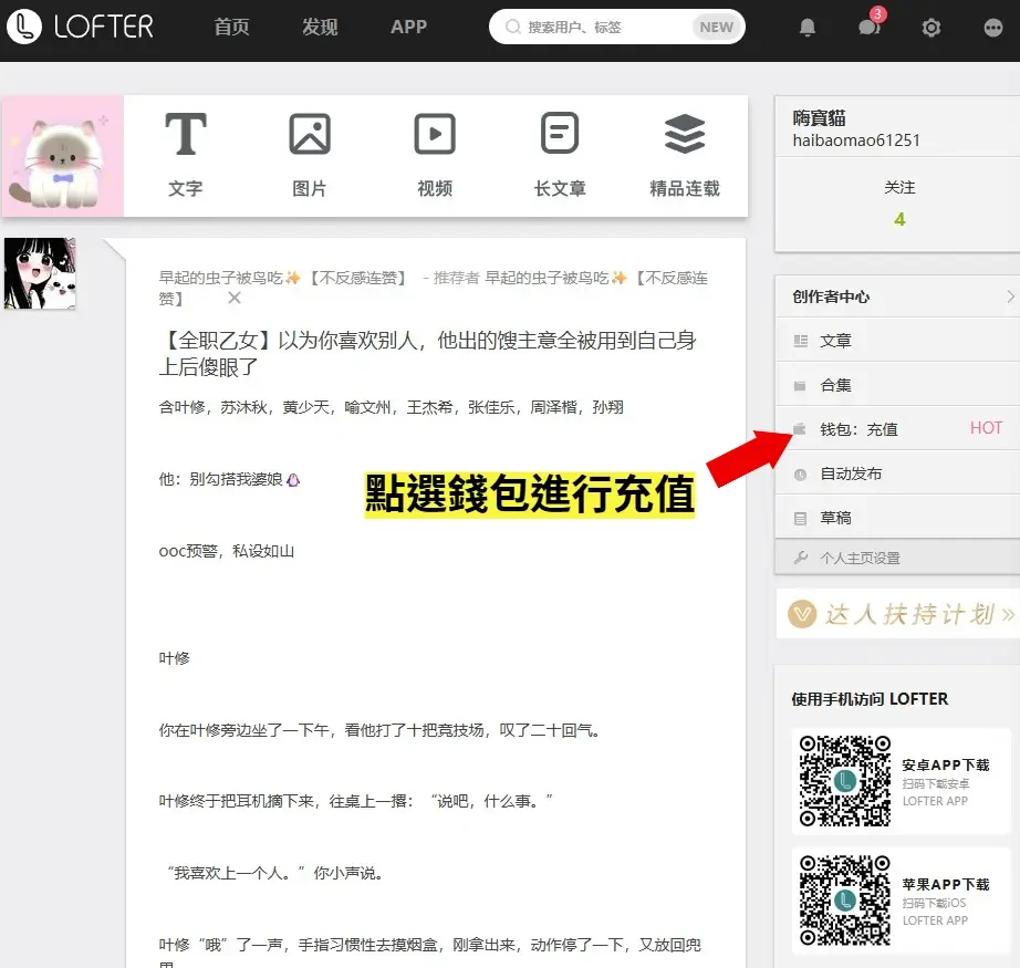 LOFTER 個人中心錢包與樂乎幣充值入口