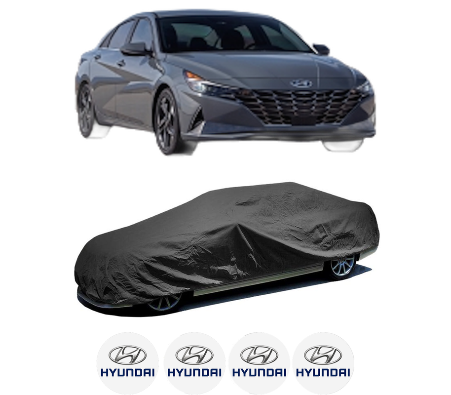 Husa tip prelata auto pentru HYUNDAI ELANTRA VII Saloon (CN7) din 2020, Culoare Negru, material textil impermeabil, rezistanta la intemperii praf UV, CARPASSION Husa Protectie, 4 Stickere auto cu HYUNDAI