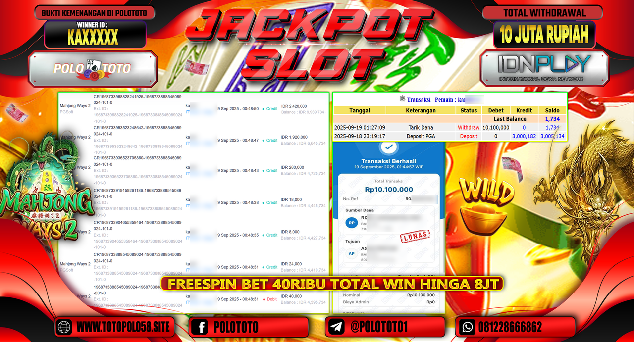 POLOTOTO JACKPOT SLOT MAHJONG WAYS 2 Rp.10.100.000,-