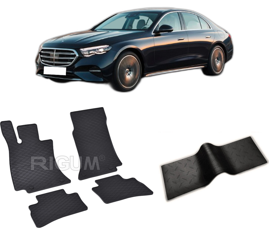 Set covorase auto MERCEDES E-CLASS W214 din 05.2023-PREZENT, cu covoras tunel median, CAROSERIE COMBI, Presuri cauciuc 100%, compatibil cu autoturismul MERCEDES E-CLASS W214, Rigum
