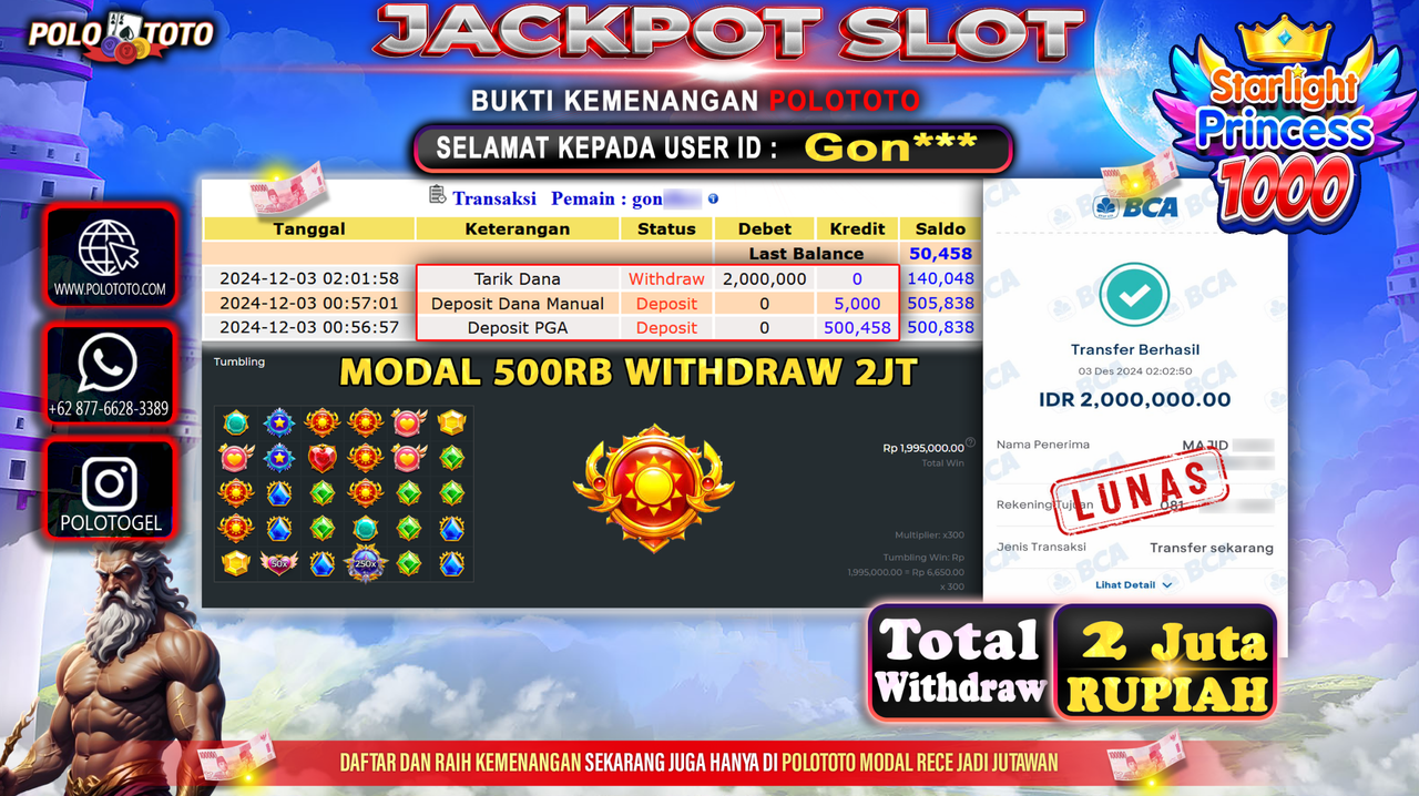POLOTOTO JACKPOT SLOT STARLIGHT PRINCESS 1000 Rp.2,000.000,-