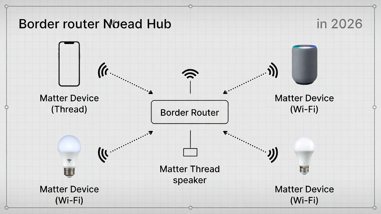 Diagram showing how Matter and Thread devices communicate through a border router hub in 2026