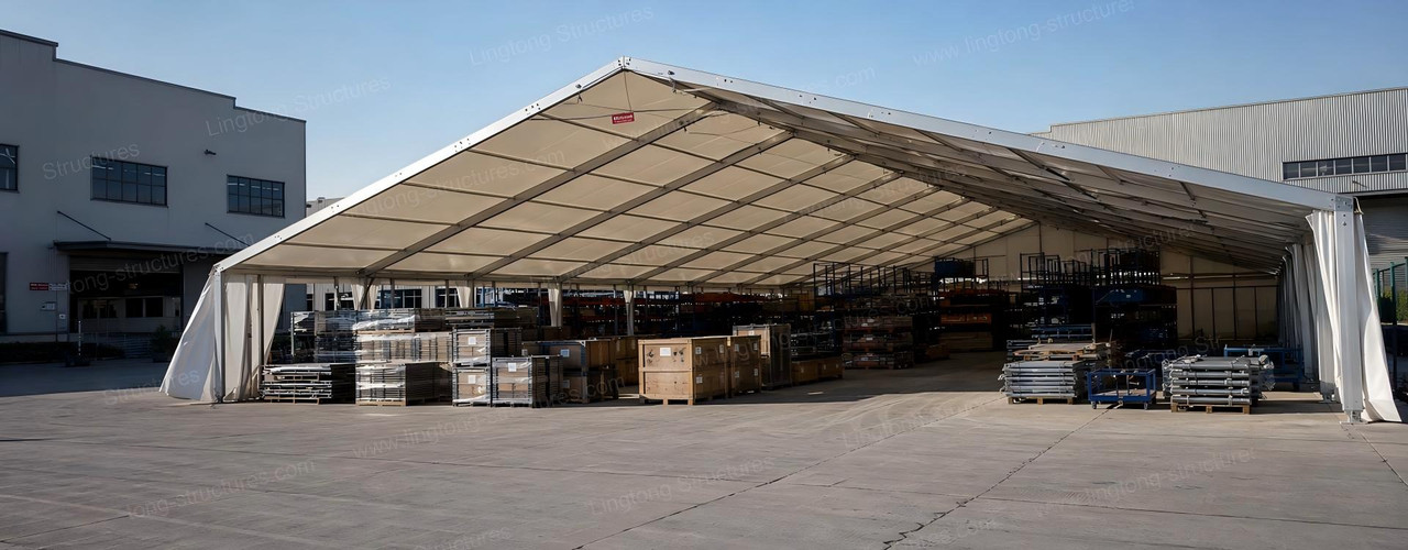 Large warehouse tent with aluminum frame and PVC cover for industrial storage and logistics