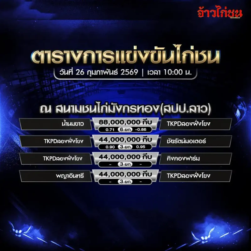 ตารางการแข่งขันไก่ชน สนามชนไก่มังกรทอง สปป.ลาว 26 กุมภาพันธ์ 2569 ใบโปรแกรมการแข่งขัน