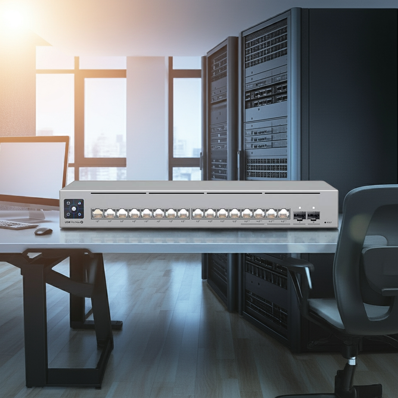 Dashboard do UniFi Network Controller gerenciando o switch Pro Max 16