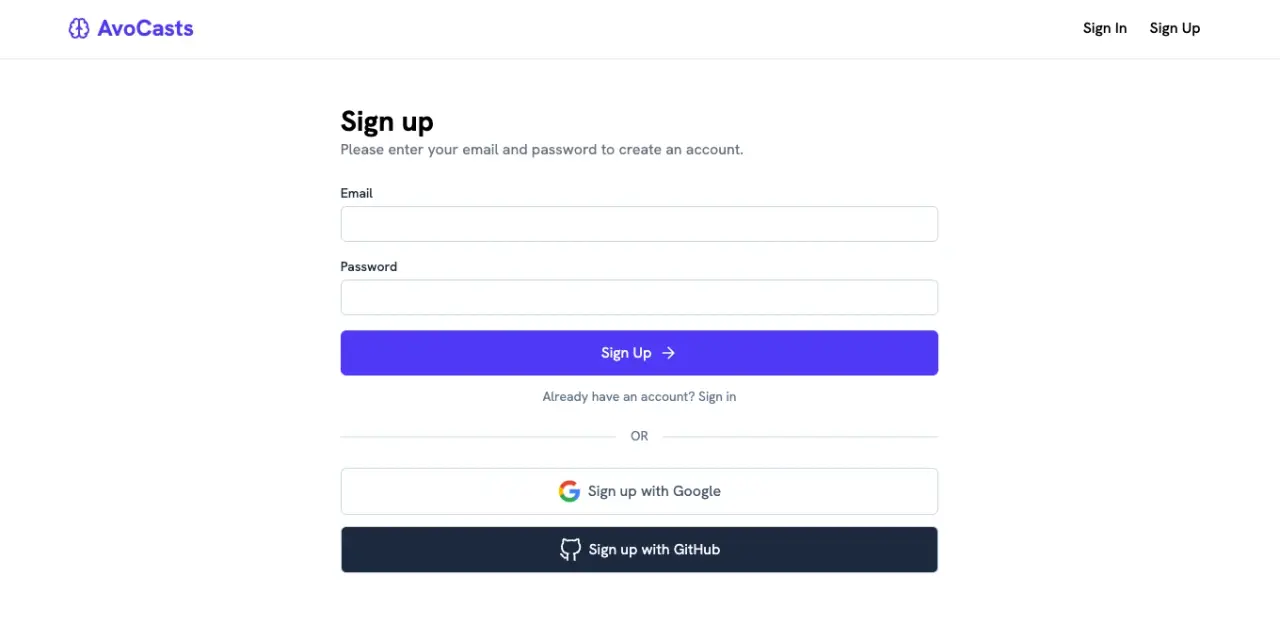 Sign up screen