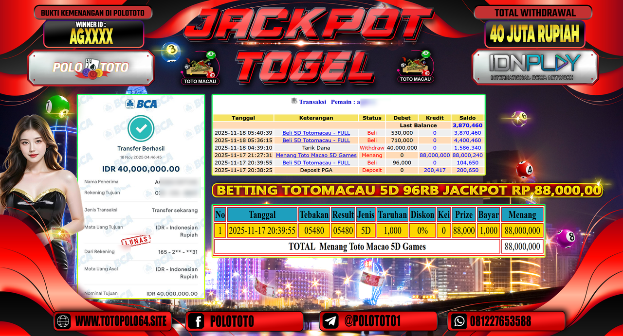 POLOTOTO JACKPOT TOGEL MENANG TOTO MACAU Rp.40.000.000,- LUNAS