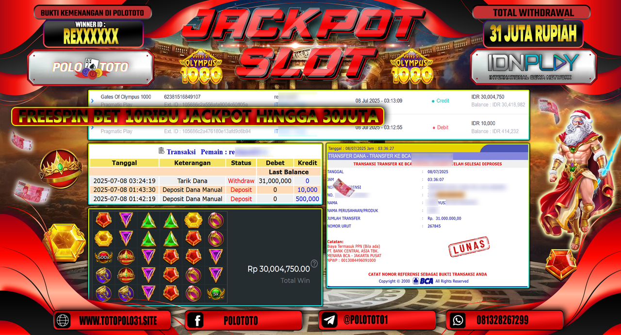 POLOTOTO JACKPOT SLOT GATES OF OLYMPUS 1000 Rp.31.000.000,-