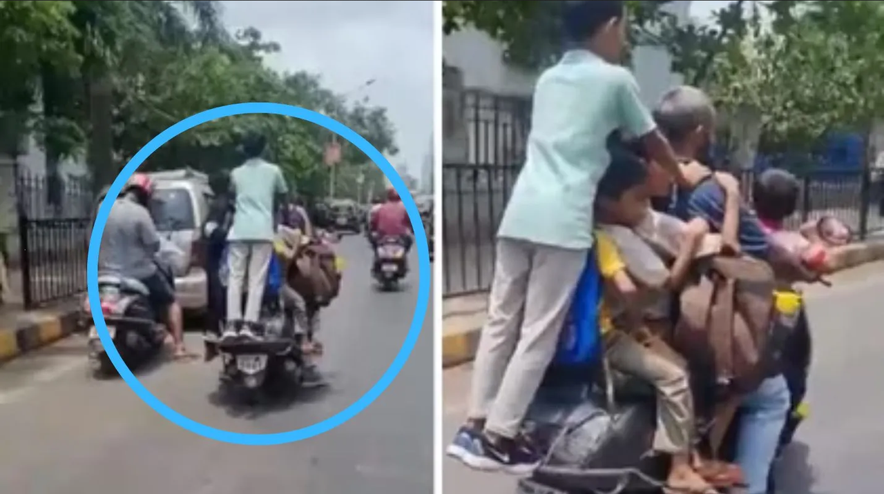 Hombre lleva a 7 niños en motocicleta y se hace viral