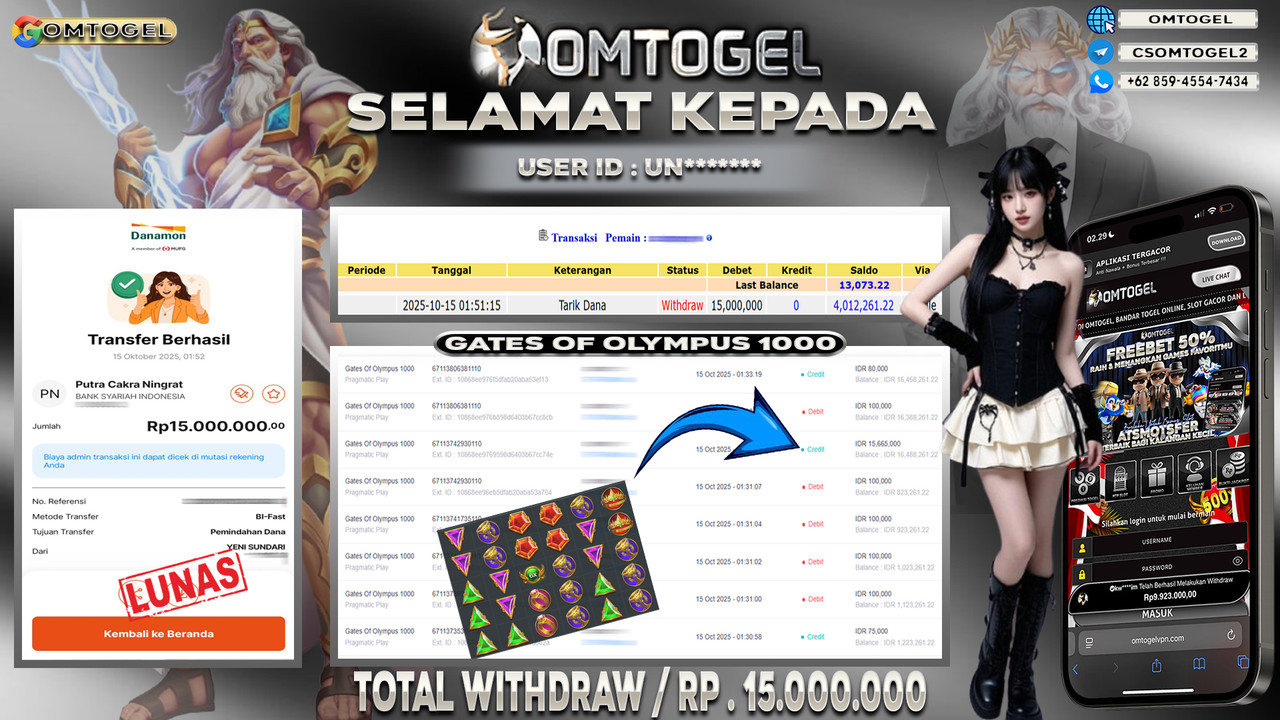 OMTOGEL JACKPOT PRAGMATIC PLAY GATES OF OLYMPUS 1000 15 JUTA DI BAYAR LUNAS ,-