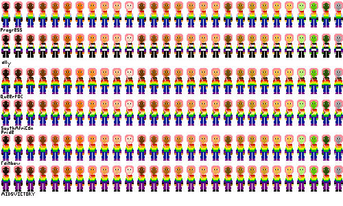 a row of people with pride flag shirts and light red hair