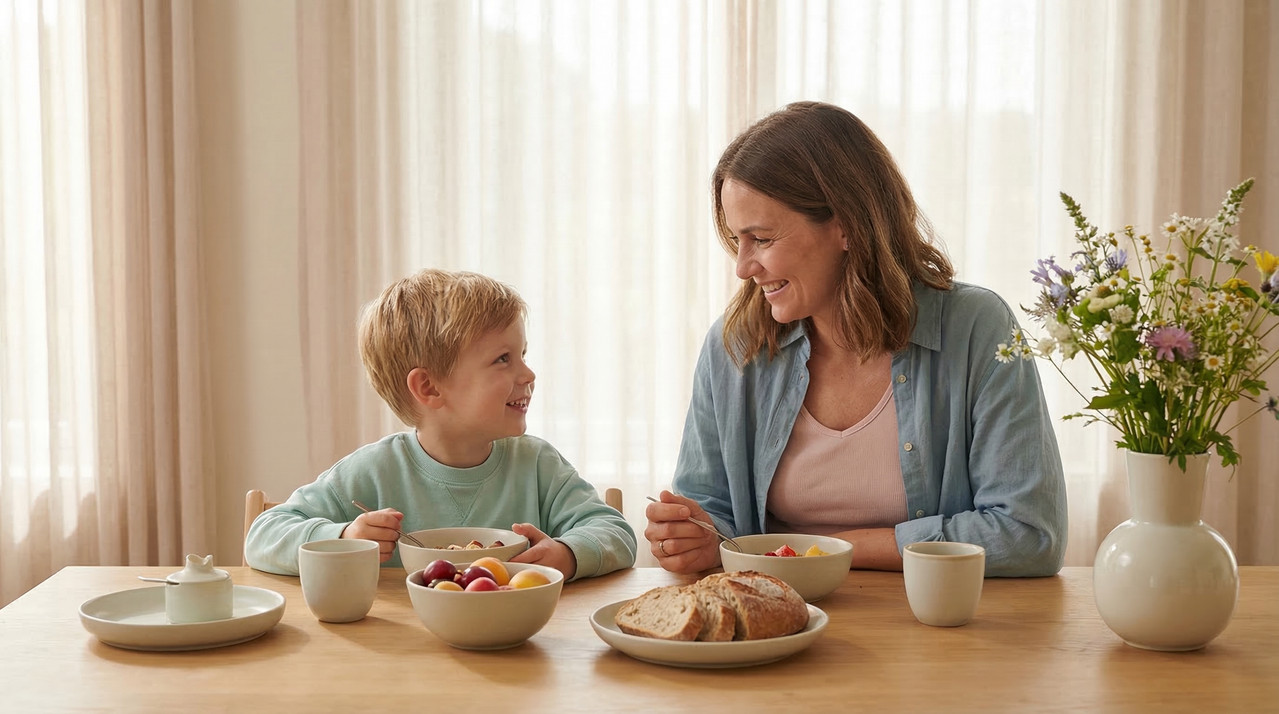 Mamá e hijo comiendo felices en paz