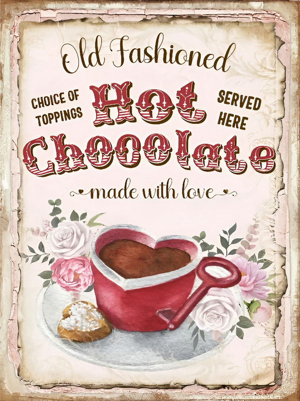 Vintage Old Fashioned Hot Chocolate Tin Sign Served Here Made With Love For Kitchen Coffee Bar Cafe
