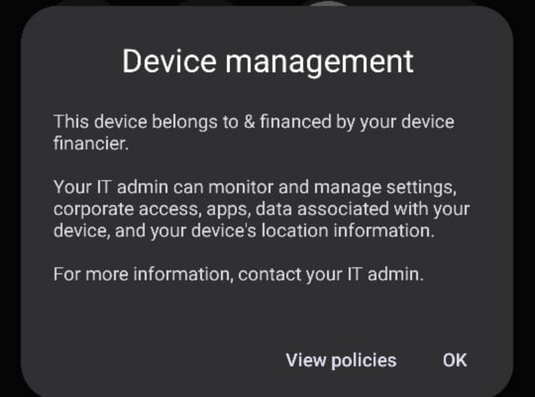 Systemowy komunikat o blokadzie i profilu MDM na systemie Android