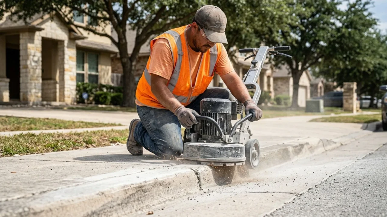 Concrete contractor grinding raised sidewalk edge to remove trip hazard in San Antonio