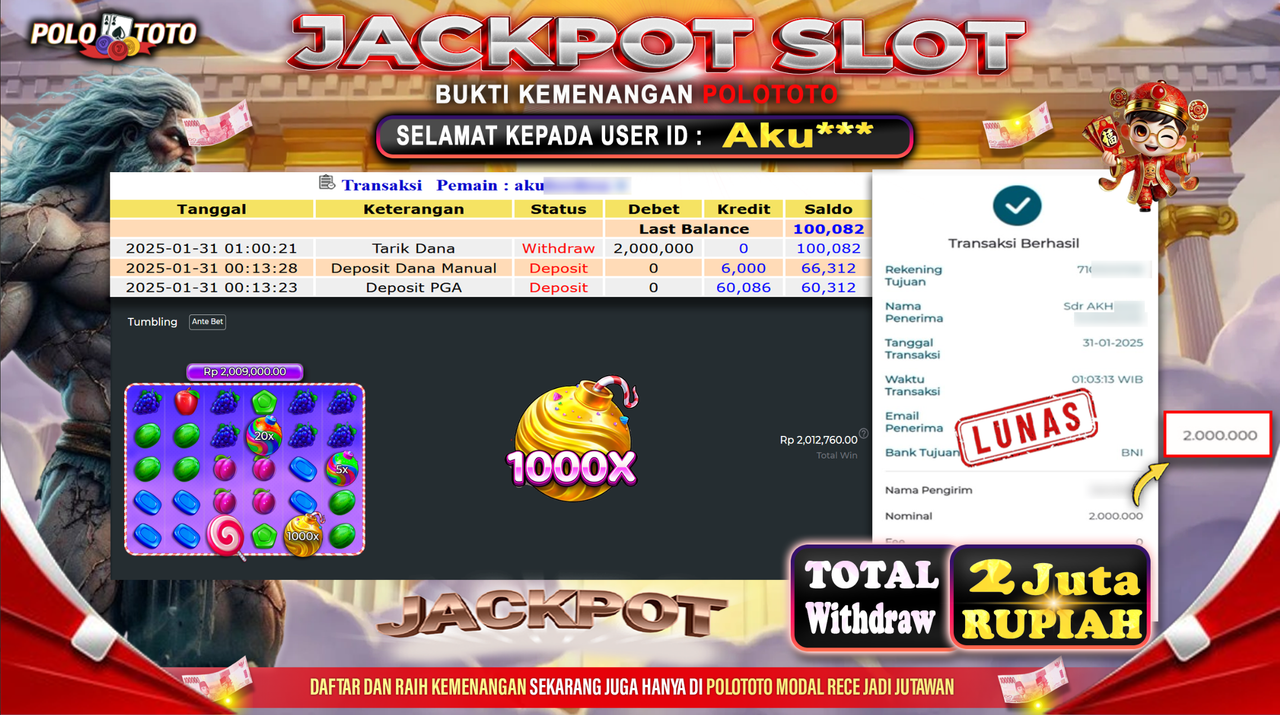 POLOTOTO JACKPOT SLOT SWEET BONANZA 1000 Rp.2,000.000,-