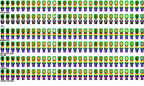 a row of people with pride flag shirts and darker green hair