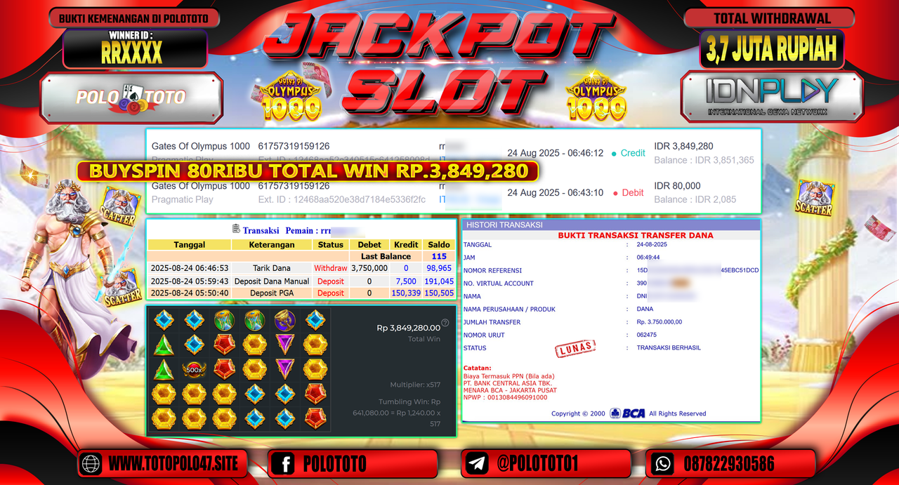 POLOTOTO JACKPOT SLOT GATES OF OLYMPUS 1000 Rp.3.750.000,-