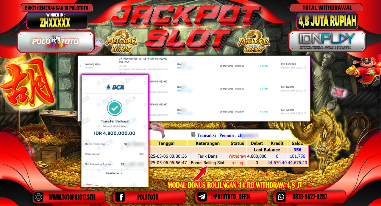 POLOTOTO JACKPOT SLOT MAHJONG WAYS Rp.4.800.000,-